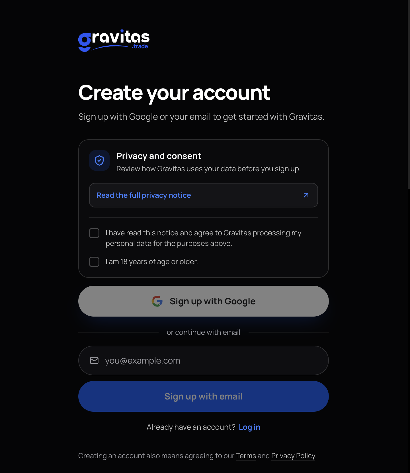 How to create an account on Gravitas Step 1