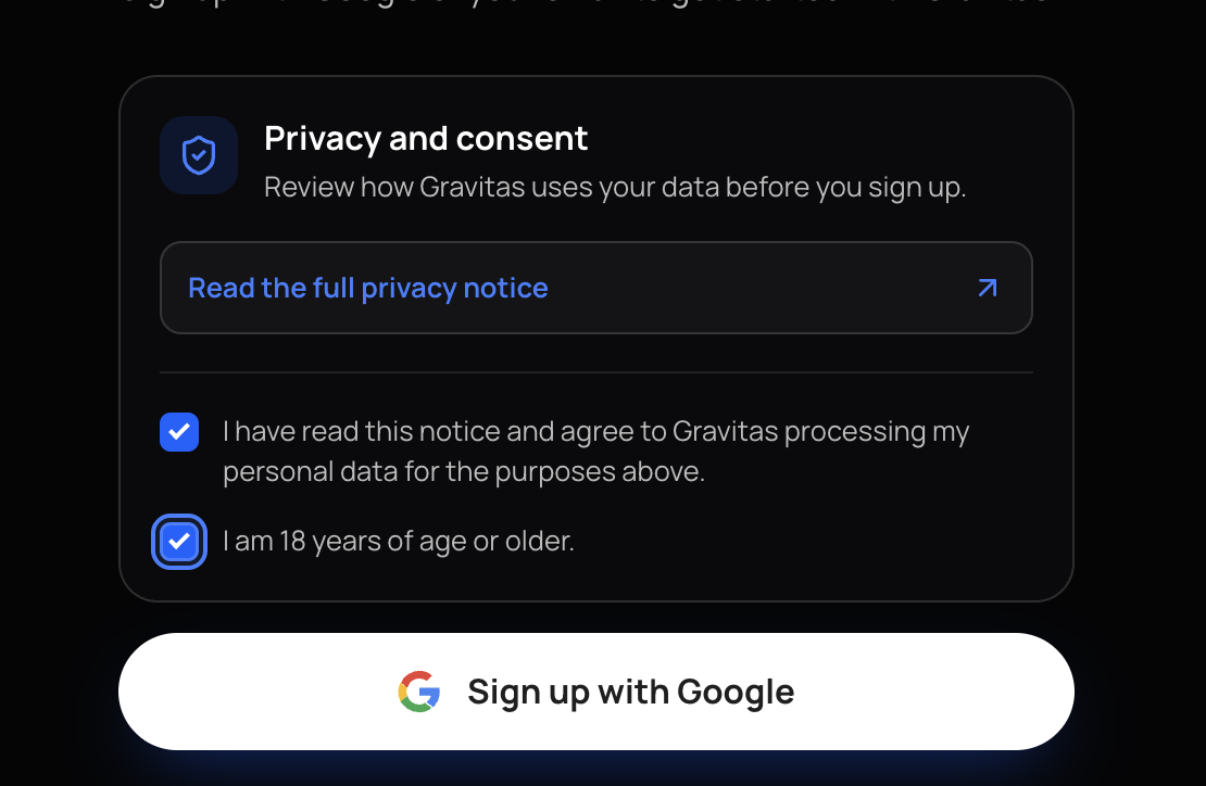 How to create an account on Gravitas Step 2